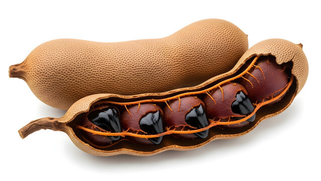 Close-up of open tamarind or imli pod with seeds on white background