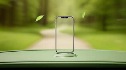 Minimal smartphone outline standing on a dashboard with a blurred green road ahead. Concept of navigation, mobility app mockup, smart driving, connectivity, and eco travel.