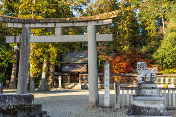 The ancient Hyuga Shrine (Hyuga Jinja), a tranquil and rustic subsidiary shrine located within the Taga Taisha Grand Shrine grounds. Taga, Shiga, Japan