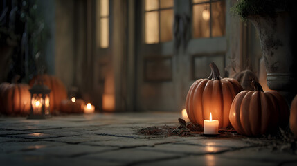 Autumn Ambiance: As dusk descends, a scene unfolds with the warm glow of pumpkins, candles, and a weathered door. The composition exudes tranquility.