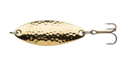Hammered golden fishing spoon lure with treble hook, cut out, stock png, isolated on transparent background