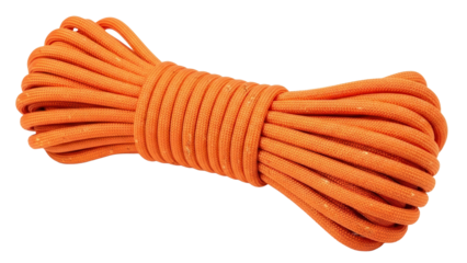 Bright orange coiled utility rope lying neatly, cut out, stock png, isolated on transparent background