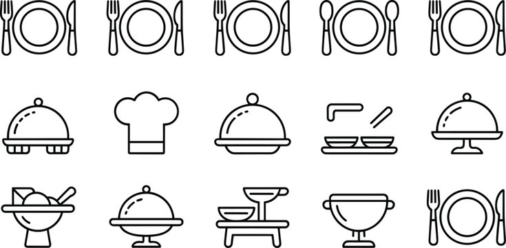 Restaurant and Food Service Line Icon Set Tableware Chef Hat Dishes and Catering Symbols Outline Vector Illustration