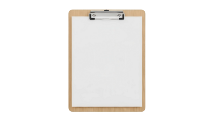 Wooden clipboard with blank white paper, cut out, stock png, isolated on transparent background