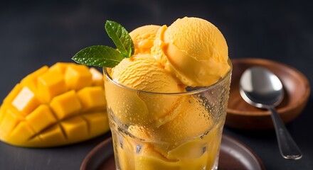 Refreshing mango sorbet served in a glass with fresh fruit and mint garnish