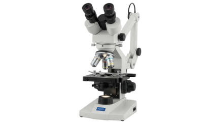 White and black scientific laboratory microscope for research and education, cut out, stock png, isolated on transparent background