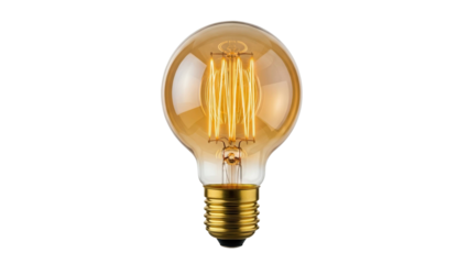 Warm glowing vintage Edison light bulb with illuminated filaments, cut out, stock png, isolated on transparent background