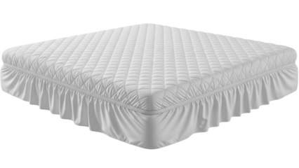 White quilted mattress protector with bed skirt, cut out, stock png, isolated on transparent background
