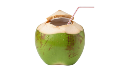 Fresh young coconut with a red and white straw inserted, ready to drink, cut out, stock png, isolated on transparent background