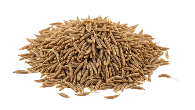Small heap of dry brown aromatic cumin seeds, cut out, stock png, isolated on transparent background
