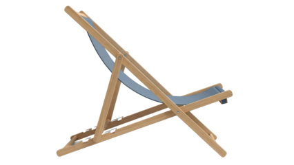 Simple wooden beach chair with blue fabric seat, cut out, stock png, isolated on transparent background