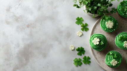 Green cupcakes decorated with white flowers and clovers on a light surface. Ideal for St. Patrick's Day celebrations.