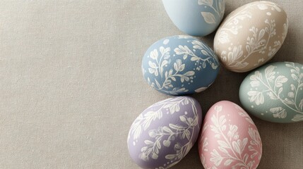 Decorative Easter eggs in pastel colors arranged on a light fabric background. The eggs feature floral patterns and are in shades of blue, pink, green, and beige.