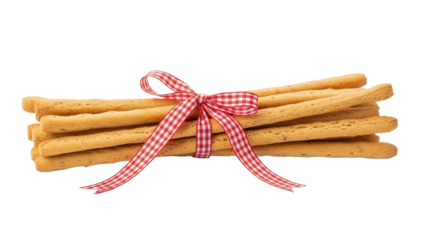Bundle of crispy breadsticks tied with red checkered ribbon, cut out, stock png, isolated on transparent background