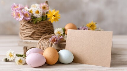 A rustic arrangement of flowers in a basket, colorful Easter eggs, and a blank card on a wooden surface. The scene conveys a festive spring atmosphere.