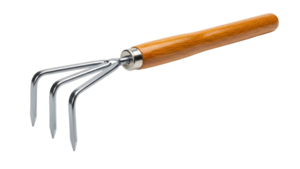 Garden hand rake with wooden handle and metal tines, cut out, stock png, isolated on transparent background