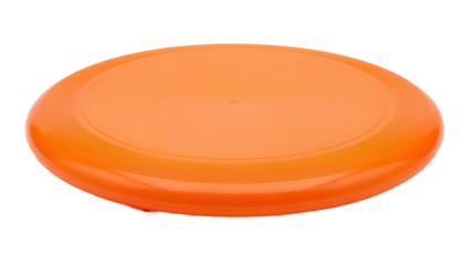 Bright orange plastic frisbee disc lying flat, cut out, stock png, isolated on transparent background