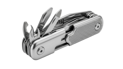 Silver multi-tool with various open blades and tools, useful for camping and survival, cut out, stock png, isolated on transparent background