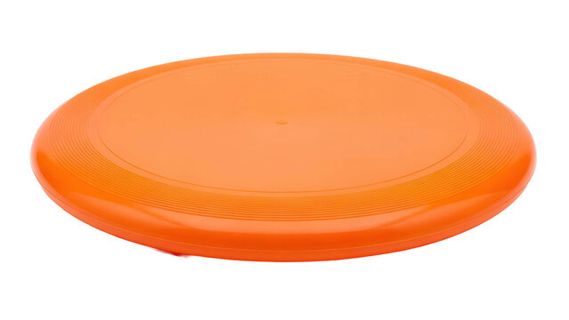 Bright orange plastic frisbee disc lying flat, cut out, stock png, isolated on transparent background
