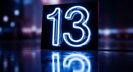 Bright blue neon number 13 glows in a dark, reflective urban setting at night.