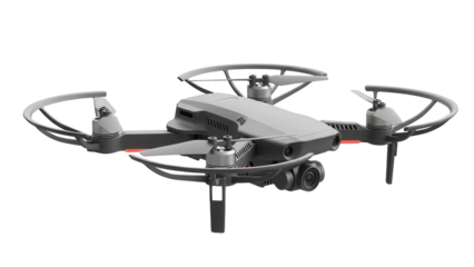 Gray modern professional drone with camera and propellers, cut out, stock png, isolated on transparent background