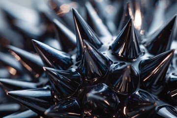 Close-up of shiny black spikes arranged in a circular pattern, emphasizing texture and light reflections.