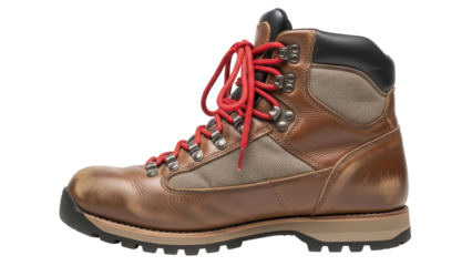 Brown leather hiking boot with red laces and sturdy sole, cut out, stock png, isolated on transparent background