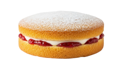 Victoria sponge cake with cream and jam, dusted with powdered sugar, cut out, stock png, isolated on transparent background