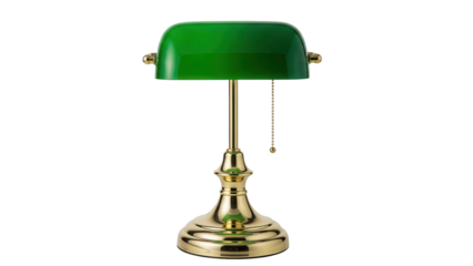 Classic bankers lamp with green shade and brass base, cut out, stock png, isolated on transparent background