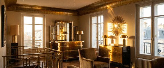 Art Deco interior at golden hour, warm lighting reflecting on metallic surfaces, cinematic yet realistic interior photography