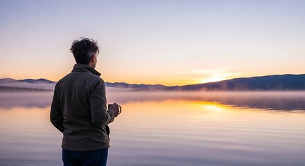 Man enjoying peaceful sunrise over calm lake with gentle mist