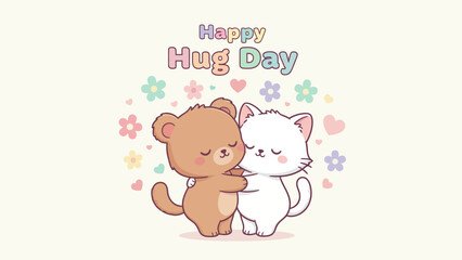 Adorable vector illustration of a sweet brown bear and white cat embracing lovingly, celebrating Happy Hug Day with pastel flowers and hearts, symbolizing affection and friendship