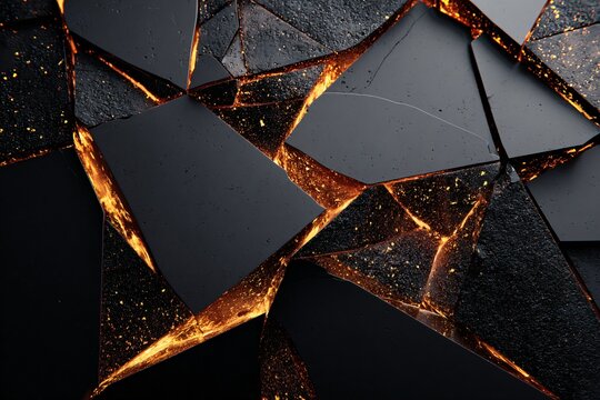 A close-up of shattered black glass with glowing orange cracks, creating a striking contrast and texture.