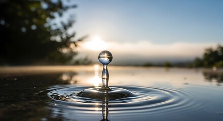 Crystal clear water droplet creating ripples on serene lake surface at sunrise