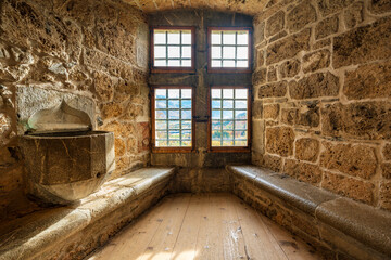 Gruyeres, Canton of Fribourg, Switzerland - October 31, 2025 : Gruyeres Castle museum interior showing exhibition rooms and historical artifacts.
