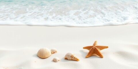 A serene beach scene with seashells and a starfish on the sand as gentle waves wash over the shore in a soothing ocean setting