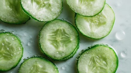Minimalist display of cucumber rounds on a light background with dew
