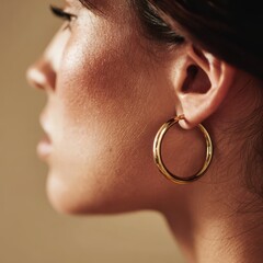 Minimalist gold hoop earrings jewelry on the ear, polished metal, soft focus lighting