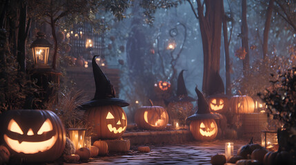 Spooky Halloween Scene: A festive scene where carved pumpkins with glowing faces and witch hats cast an eerie glow.