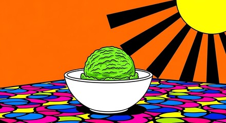 Vibrant green ice cream scoop in a bowl under a stylized sun and colorful background.