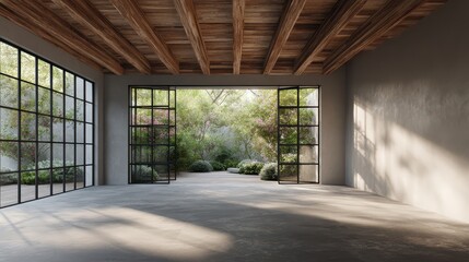Minimalist loft interior with open doorway to garden view