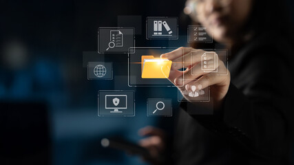 Concept of a document management system for corporate file archiving. This digital platform provides secure data storage and organization for easy information retrieval. Fermion