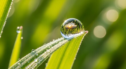 Crystal clear dewdrop reflects morning light on a vibrant green grass blade