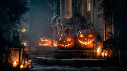 Spooky Halloween Scene: Illuminated jack-o'-lanterns cast eerie glows, embellishing a spooky Halloween porch, embracing the spirit of the season