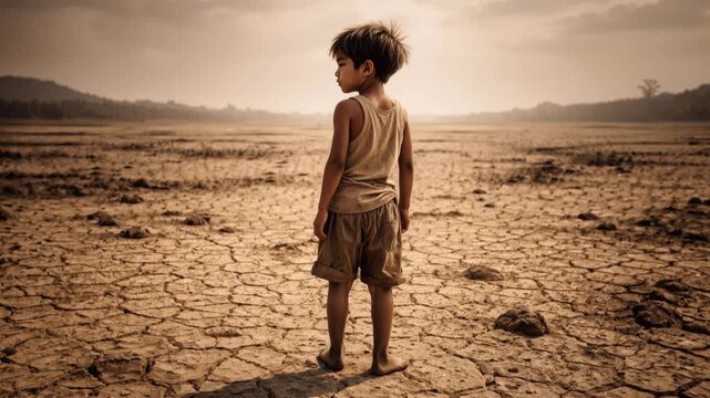 Preteen boy standing barefoot on parched cracked soil. Arid desert landscape during severe drought. Lockdown wide shot.