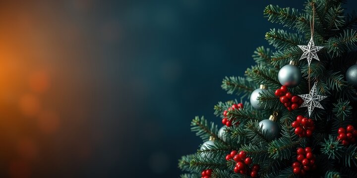 A Christmas tree decorated with silver ornaments and red berries on a dark background with warm lighting on the left side