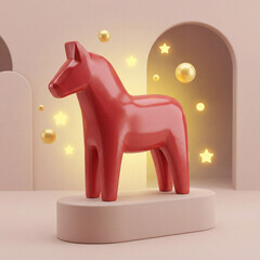 Red horse figurine on pedestal with lights