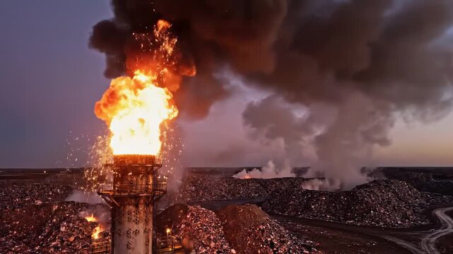 Flames erupting from industrial flare stack at waste disposal site  