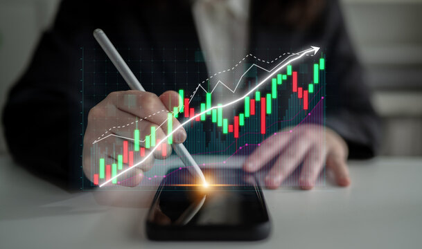 A business professional examines financial data on a smartphone, highlighted by a dynamic stock market chart overlay showing upward trends and investment insights. Impute - Powered by Adobe