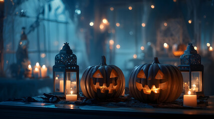Mystical Halloween: Two carved pumpkins with glowing faces sit amid flickering candles and antique lanterns, creating an atmosphere of anticipation and enchantment.